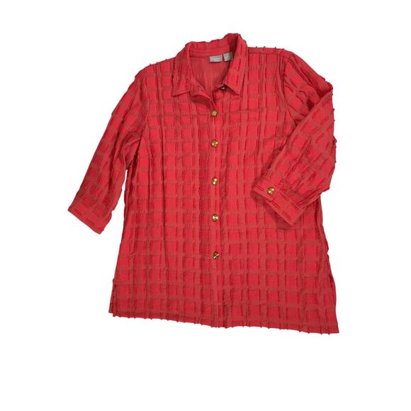 Chicos Travelers Tunic Sz 2 or Large 12/14‎ Coral Red-Orange Vermilion Textured - Picture 5 of 7